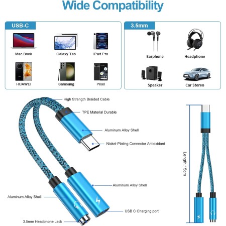 USB C to 3.5mm iPhone 15 Headphone and Charger Adapter, 2Pack 2in1 Audio AUX Mic Jack 60W Fast Charging Cable for iPhone 15