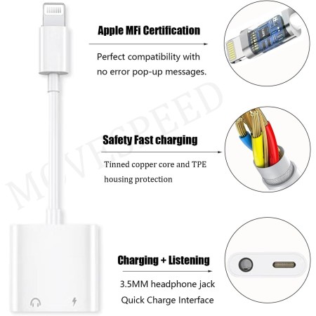 2 Pack Apple Mfi Certified Lightning to 3.5 mm Headphone Jack Adapter for iphone Dongle Aux Cord 2 in 1 Charger and Aux Audio