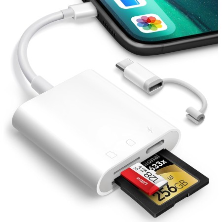 SD Card Reader for iPhone iPad, Oyuiasle Trail Game Camera SD Card Viewer with Dual Slot for MicroSD/SD, Lightening&USBC