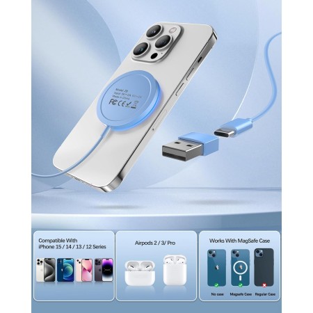 Magnetic Wireless Apple Mag-Safe Charger for iPhone 15/14/13/12 Series, AirPods 3/2/Pro - LED Magnet Pad With Dual Charging