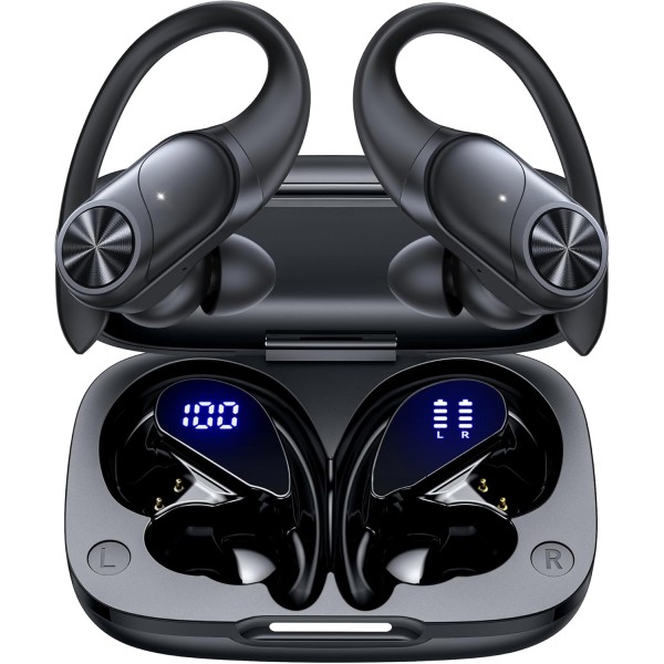 Bluetooth Headphones Wireless Earbuds 80hrs Playtime Wireless Charging Case Digital Display Sports Ear buds with Earhook Deep