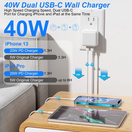 iPhone 15 Charger, 40W Fast Dual USB C Charger Adapter[MFi Certified] 2Port Apple Charger Foldable Plug with 2Pcs USB-C to