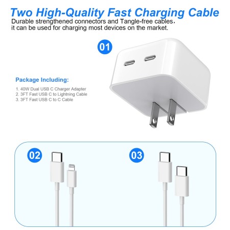 iPhone 15 Charger, 40W Fast Dual USB C Charger Adapter[MFi Certified] 2Port Apple Charger Foldable Plug with 2Pcs USB-C to