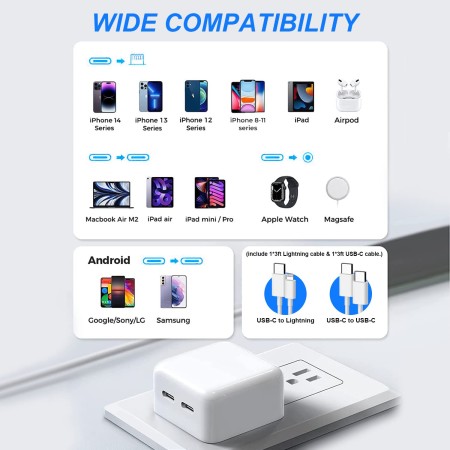 iPhone 15 Charger, 40W Fast Dual USB C Charger Adapter[MFi Certified] 2Port Apple Charger Foldable Plug with 2Pcs USB-C to